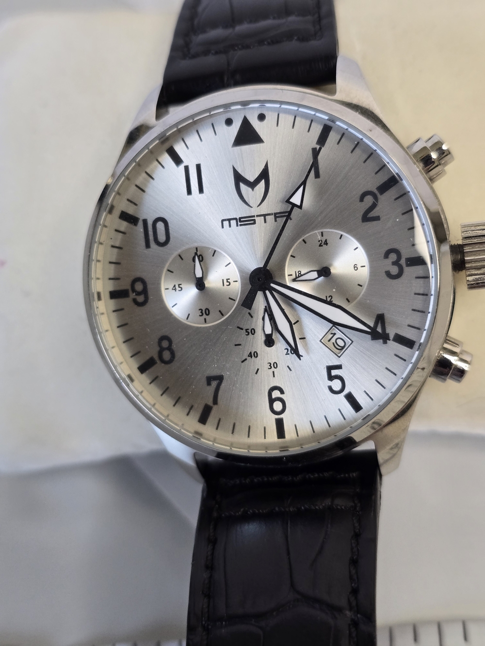 MSTR Silver Chronograph Aviator Watch with Black Leather Strap
